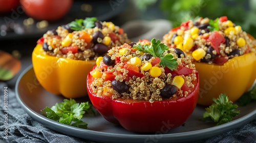 Stuffed bell peppers with quinoa, black beans, and corn, isolated on a clean gray plate photo