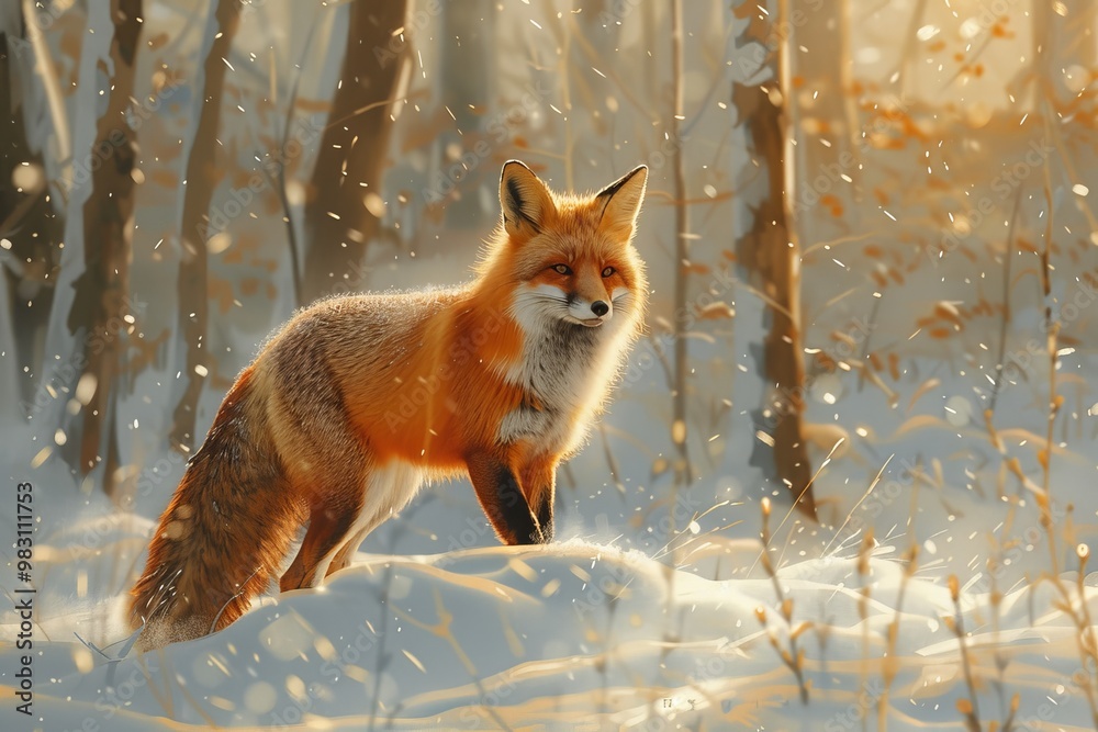 Fototapeta premium A red fox stands in a snowy forest, bathed in the warm light of the rising sun.