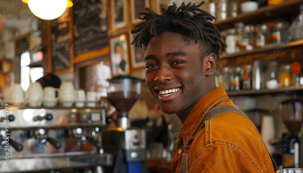 Cheerful barista skillfully creates a stunning latte topped with intricate latte art design