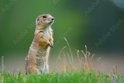 A prairie dog stands tall in a grassy field, alert and watchful. Its fur is a blend of brown and white, and its eyes are focused on the distance.