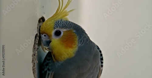 Animated cockatiel parrot turning its head and looking around near wall