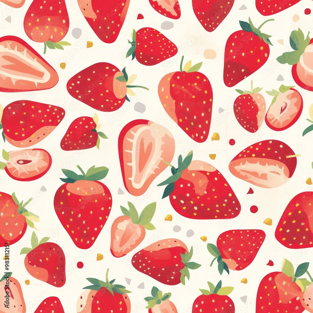 A seamless pattern of red strawberries and white background. Perfect for summer, food, and fruit-themed designs. A seamless pattern of red strawberries and white background. Perfect for summer, food, and fruit-themed designs.
