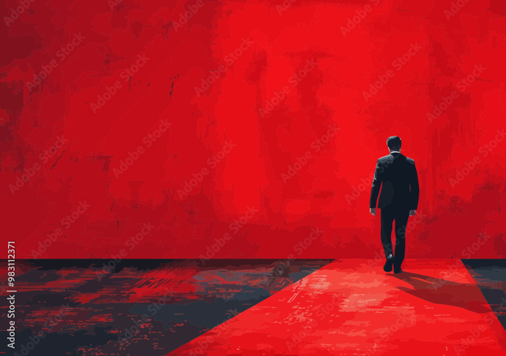 Business Leader Moving Forward: Conceptual Illustration of a Businessman Walking Outside Marked Area for Success, Future Vision, and Leadership Direction in Minimalistic Vector Art, Red Theme Business Leader Moving Forward: Conceptual Illustration of a Businessman Walking Outside Marked Area for Success, Future Vision, and Leadership Direction in Minimalistic Vector Art, Red Theme
