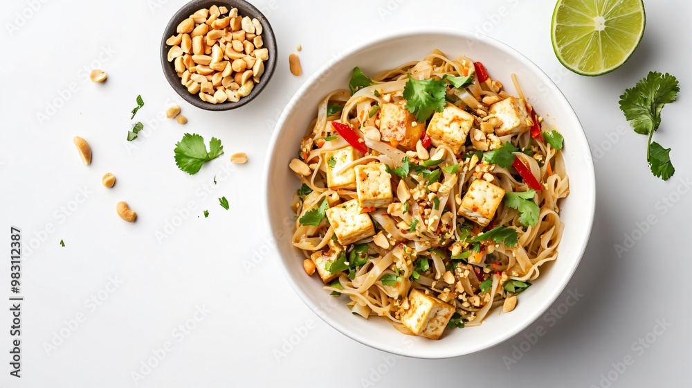 Vegetarian pad Thai with tofu, peanuts, and lime, isolated on a clean white surface Vegetarian pad Thai with tofu, peanuts, and lime, isolated on a clean white surface