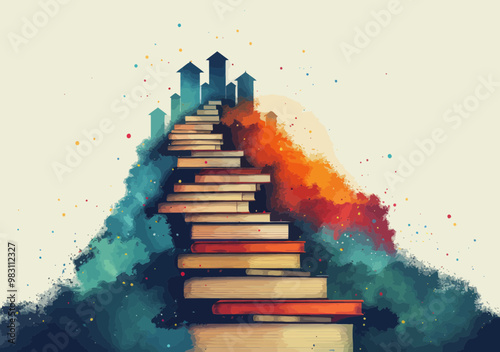 Stairway to Knowledge with Books Leading to Houses Artistic Illustration Symbolizing Education and Learning