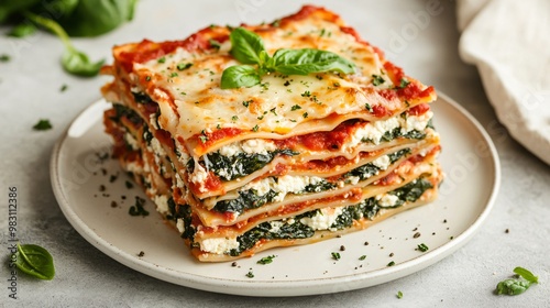 Vegetarian lasagna with layers of spinach, ricotta, and marinara sauce, isolated on a light gray surface