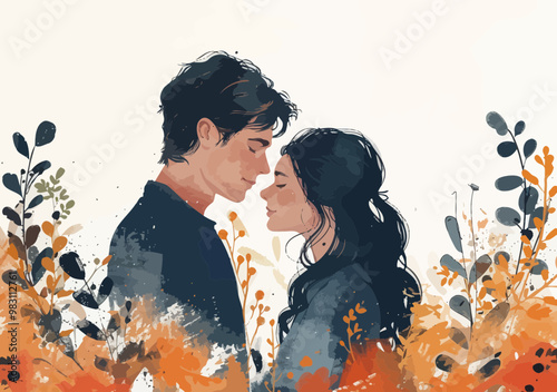 Couple Embracing Future Parenthood: Conceptual Illustration of Pregnant Woman and Partner in Minimalistic Nature Setting