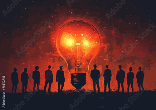 Business Team Discussing New Innovative Idea with Light Bulb Symbolizing Inspiration and Creativity in a Dramatic Setting, Conceptual Vector Illustration