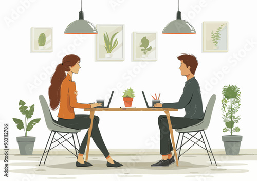 Minimalistic Office Discussion: Professional Couple Engaged in Business Conversation at Modern Workplace Desk Setup with Plants During Daytime