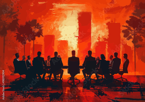 Team Leader Presenting Business Strategy in Corporate Meeting, Modern Office Setting, Silhouetted Figures, Vibrant Red and Orange Colors, Evening Atmosphere, Strategic Planning Concept