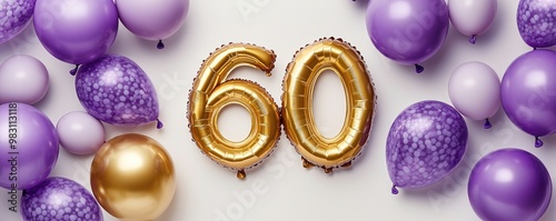 Golden 60th Birthday Celebration with Purple and Gold Balloons on White Background photo