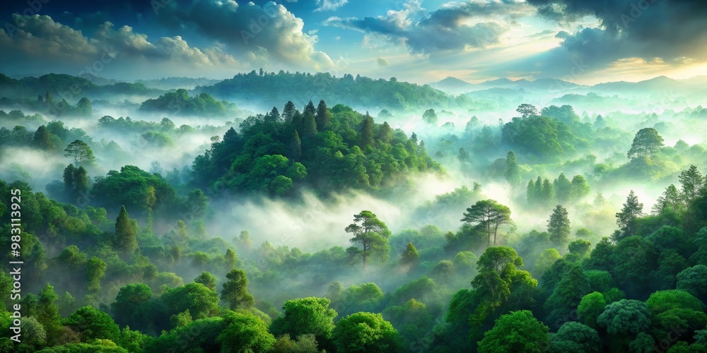 Aerial View of a Misty Green Forest, Cloudscape, Sunrise, Nature, Landscape, Fog, Trees Aerial View of a Misty Green Forest, Cloudscape, Sunrise, Nature, Landscape, Fog, Trees