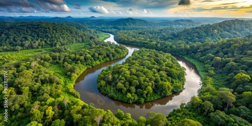 Aerial View of a River Winding Through a Lush Green Forest, sunset, nature, river, forest, landscape, aerial photography