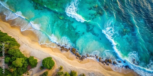 Aerial View of Turquoise Water Crashing on a Sandy Beach, drone photography, tropical beach