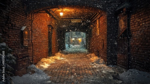 A brick-lined underground speakeasy in a snowy city, its entrance hidden beneath a nondescript doorway, offering a warm and cozy escape with a hint of historical intrigue photo