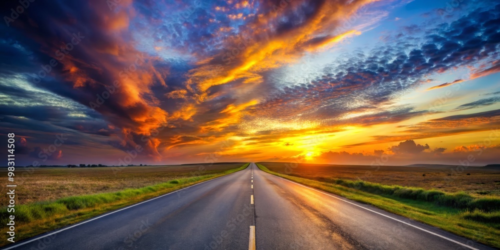 Asphalt Road Towards Dramatic Sunset with Vibrant Colors, Long Exposure, Rural Landscape, Road Trip, Adventure, Nature, Sky Asphalt Road Towards Dramatic Sunset with Vibrant Colors, Long Exposure, Rural Landscape, Road Trip, Adventure, Nature, Sky