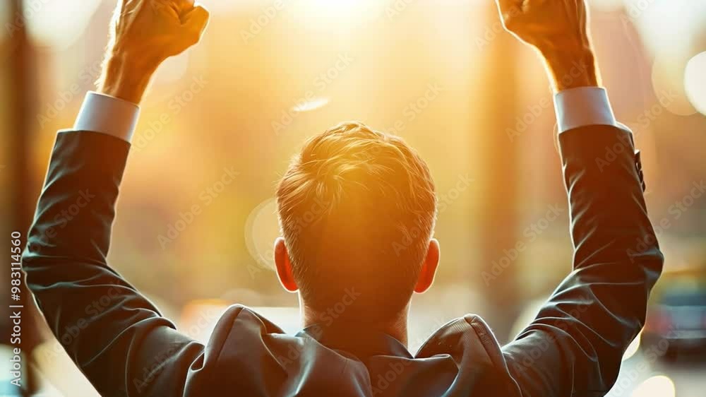 A man in formal attire raises his arms in triumph as the sun sets ...