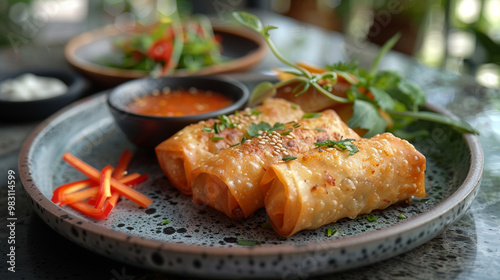 Duck confit spring rolls elegantly arranged on a stylish ceramic plate, complemented by a small dish of sweet and spicy dipping sauce, in a contemporary restaurant setting.