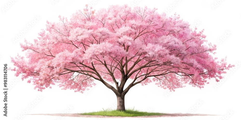 Fototapeta premium Blossoming Beauty Delicate Cherry Blossom Tree in Full Bloom Against Clean White Background, Evoking Fragility and Springtime Dream