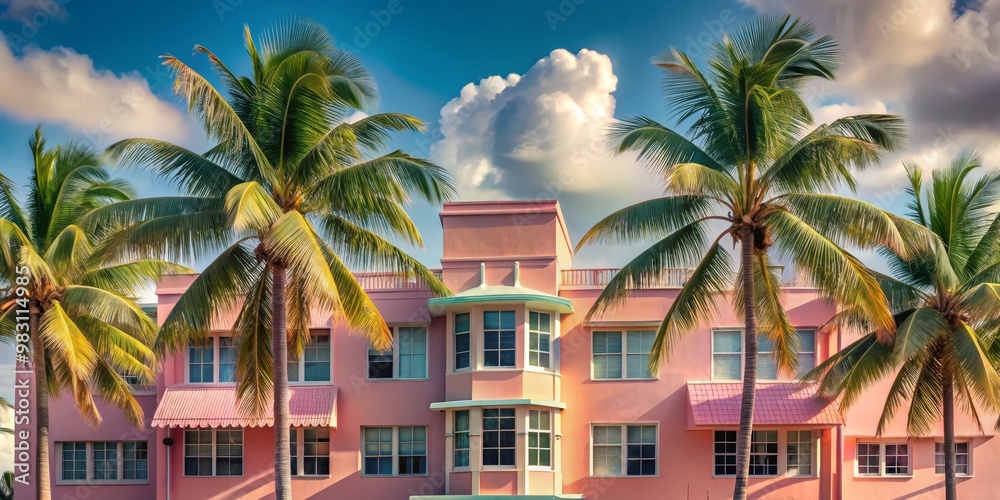 Charming Art Deco Structure Symmetrical Pink Two-Story Building Framed by Lush Palm Trees Beneath Bright Blue Sky with Fluffy Clouds, Evoking Tropical Serenity and Joyful Vibes Charming Art Deco Structure Symmetrical Pink Two-Story Building Framed by Lush Palm Trees Beneath Bright Blue Sky with Fluffy Clouds, Evoking Tropical Serenity and Joyful Vibes