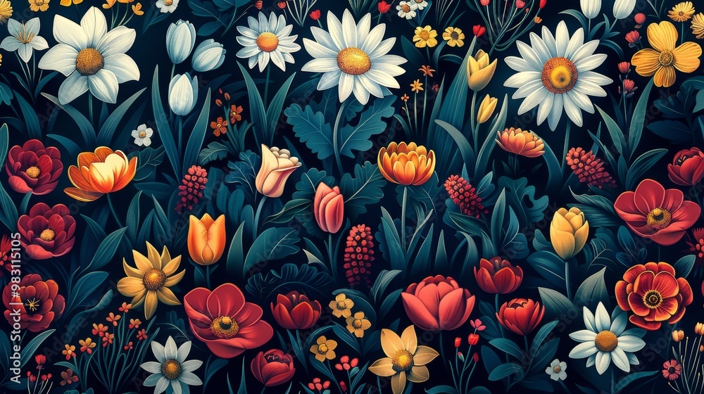 A vibrant, seamless pattern of colorful flowers blooming in a lush, dark green field.
