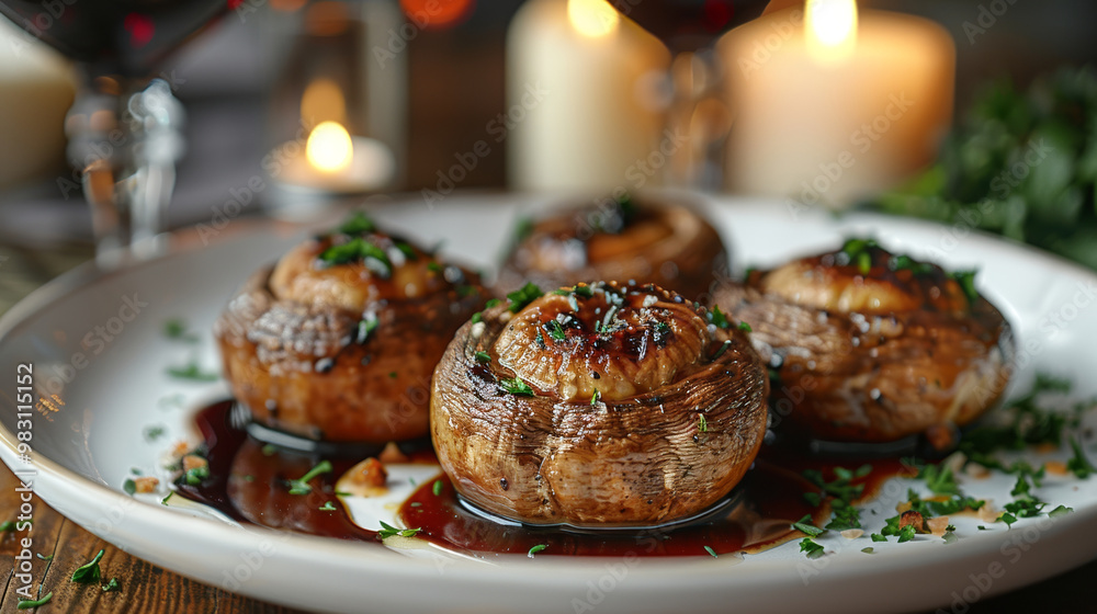 Stuffed mushrooms elegantly presented on a white plate, garnished with herbs and a drizzle of balsamic glaze, highlight a sophisticated dining experience. Stuffed mushrooms elegantly presented on a white plate, garnished with herbs and a drizzle of balsamic glaze, highlight a sophisticated dining experience.