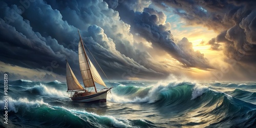 Classic Wooden Sailboat Navigating Choppy Waters Under Dramatic Sky Dark Gray and Blue Clouds with Golden Sunlight, Balanced Composition Highlighting Resilience Against Turbulent