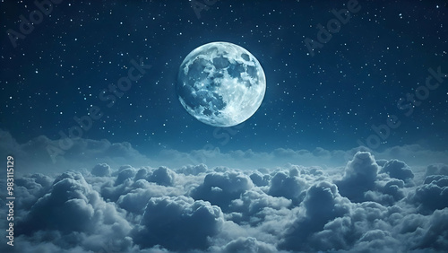 Romantic Moon In Starry Night Over Clouds