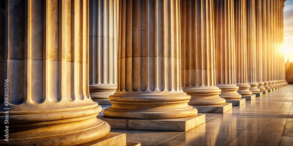 Close-up of Majestic Marble Columns Bathed in Warm Golden Light A Symmetrical Arrangement Showcasing Intricate Carvings on Smooth Surfaces with Reflective Darker Marble Floor Close-up of Majestic Marble Columns Bathed in Warm Golden Light A Symmetrical Arrangement Showcasing Intricate Carvings on Smooth Surfaces with Reflective Darker Marble Floor