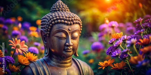 Close-Up of Serene Buddha Statue Amidst Vibrant Floral Arrangement, Dark Bronze Details with Golden Garden Glow, Symbolizing Tranquility and the Beauty of the Cycle of Life