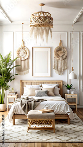 Coastal boho style bedroom interior background, wall mockup, 3d render, white Mock up frame