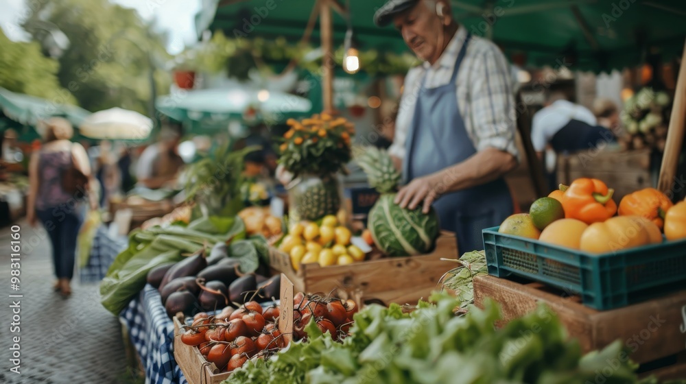 Vibrant urban farmers market scene with ample space for promotional text on right side Vibrant urban farmers market scene with ample space for promotional text on right side
