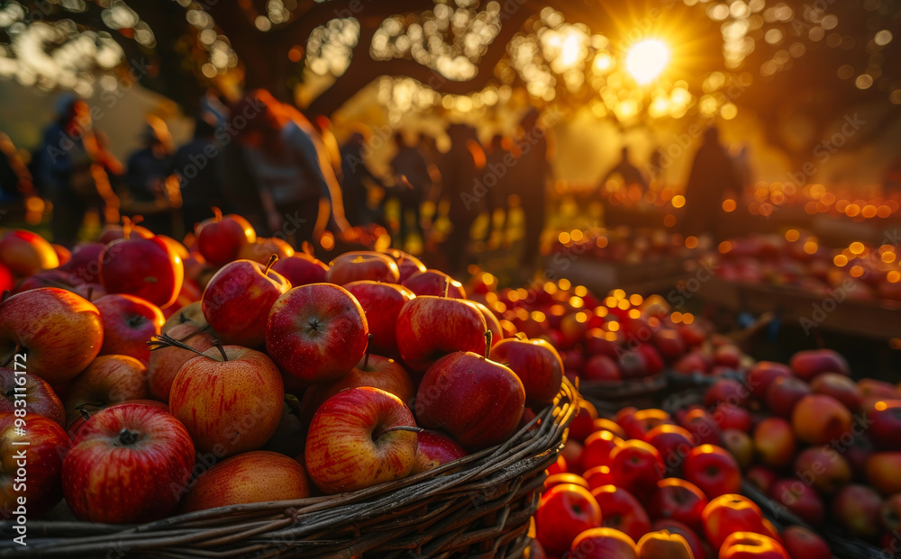 Harvesting apples at sunset during a fall festival. Baskets overflowing with red apples at a bustling fall festival as the sun sets Harvesting apples at sunset during a fall festival. Baskets overflowing with red apples at a bustling fall festival as the sun sets