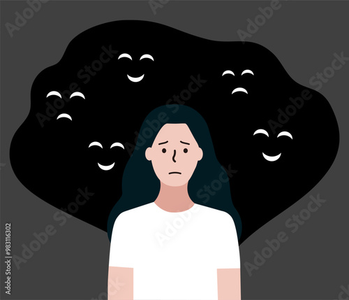 Depressed woman with scary smiling faces behind. Depression, mental disease, public disapproval, loneliness, bullying concept. Flat character vector design illustration.