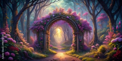 Enchanting Forest Gateway A Central Stone Archway Adorned with Vibrant Pink and Purple Flowers Leads Into a Misty, Ethereal Woods, Bathed in Soft Sunlight and Cool Tones