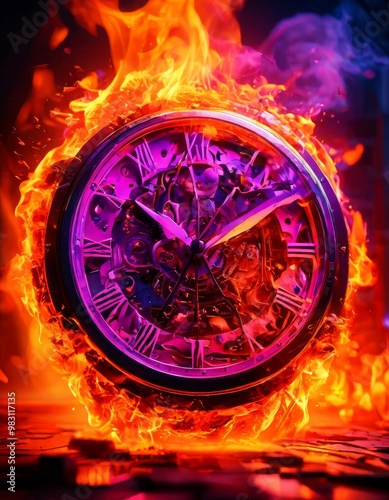 A glowing retro clock burns with vivid purple and orange flames, creating a dynamic contrast of colors. The detailed gears are visible through the fire, capturing both the beauty and chaos of time and photo