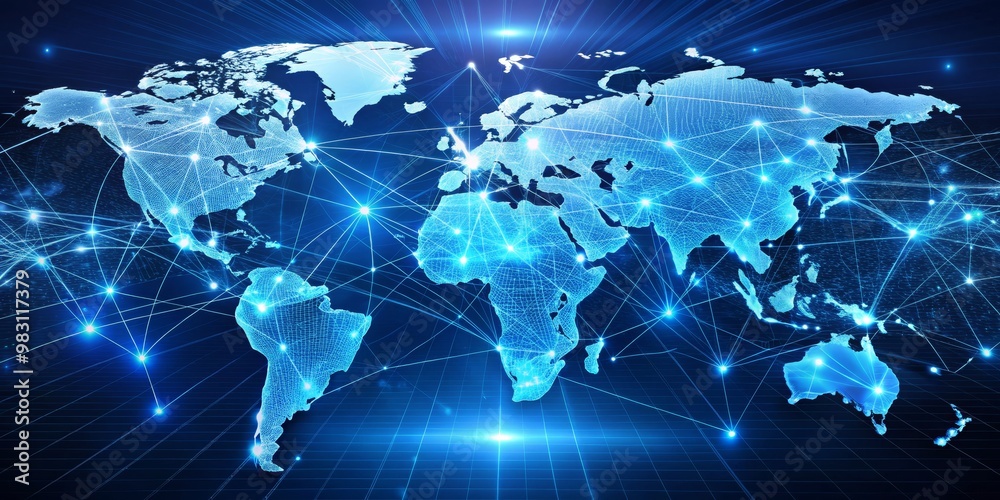 Fototapeta premium Global Connectivity Grid Symmetrical World Map with Glowing Blue Lines Illustrating Technological Interconnectedness and Globalization in Shades of Calm Blue