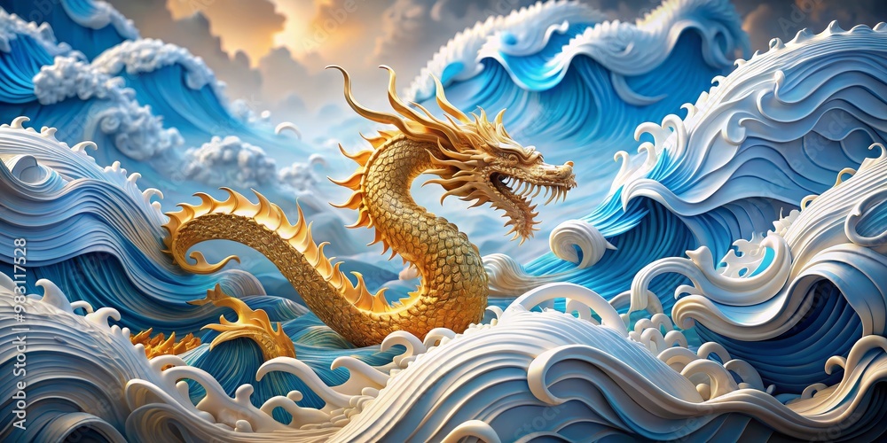 Fototapeta premium Golden Dragon Erupts from Turbulent Blue and White Waves, Fierce Snarl and Intricate Scales Define Dynamic Composition, Set Against a Soft Cloudy Background of Depth and Movement