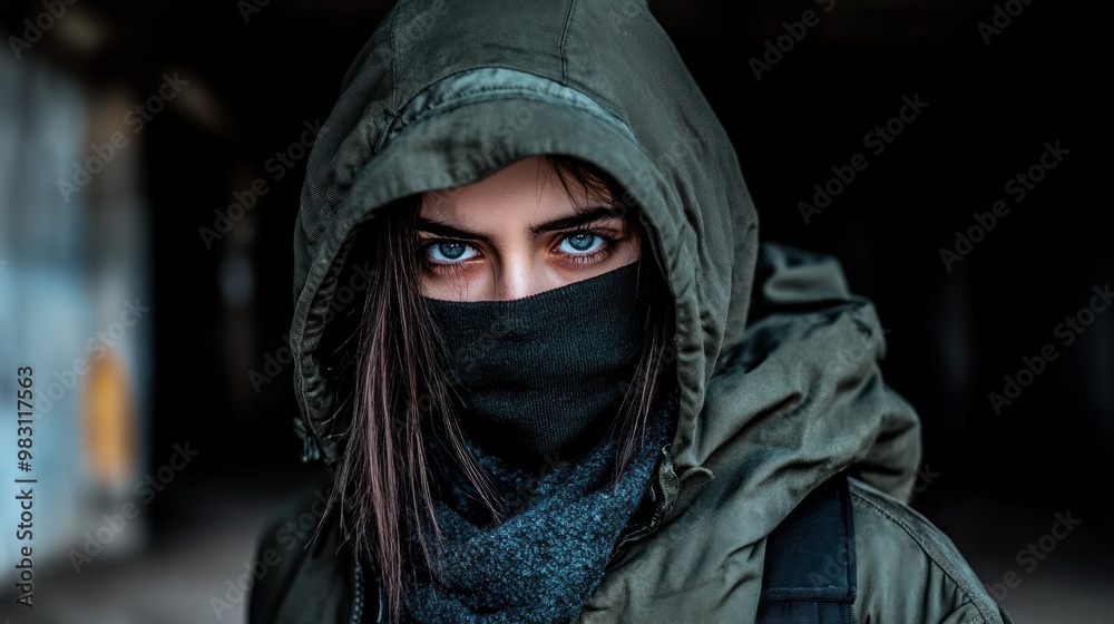 A woman with striking blue eyes is partially concealed by a mask and hood, standing confidently in a dimly lit urban setting. The atmosphere feels tense and mysterious