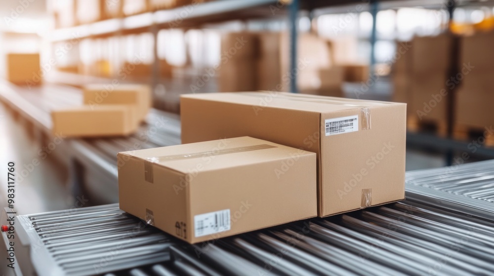 Cardboard boxes are positioned on a conveyor belt inside a distribution center, ready for processing and shipment to customers in the afternoon light Cardboard boxes are positioned on a conveyor belt inside a distribution center, ready for processing and shipment to customers in the afternoon light