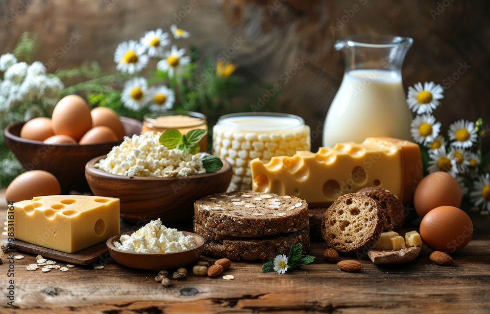 Dairy products and eggs arranged on a rustic table. A variety of dairy products including cheese, milk, and eggs are beautifully displayed on a wooden table Dairy products and eggs arranged on a rustic table. A variety of dairy products including cheese, milk, and eggs are beautifully displayed on a wooden table