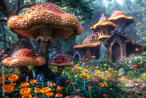 A whimsical cottage nestled amongst giant mushrooms and a vibrant flower garden in a fairytale forest. photo