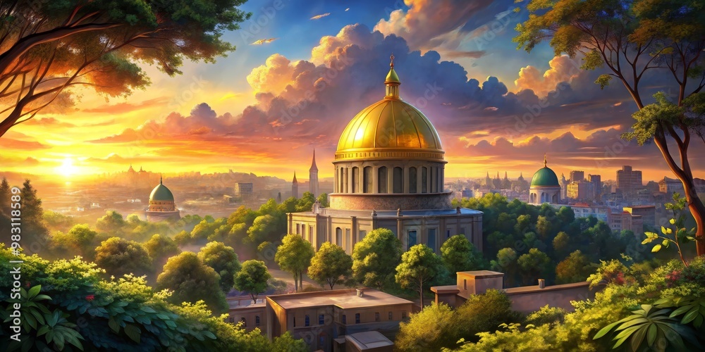 Obraz premium Majestic Cathedral at Sunset Golden-Domed Masterpiece Surrounded by Vibrant Skies and Lush Greenery, Emphasizing Grandeur Against the City Skylines Warm Hues