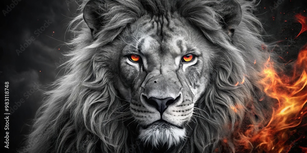 Majestic Lion Intense Stare of Power and Beauty in Dramatic Glow. Symbol of Strength and Courage Embraced by Fiery Contrast Majestic Lion Intense Stare of Power and Beauty in Dramatic Glow. Symbol of Strength and Courage Embraced by Fiery Contrast
