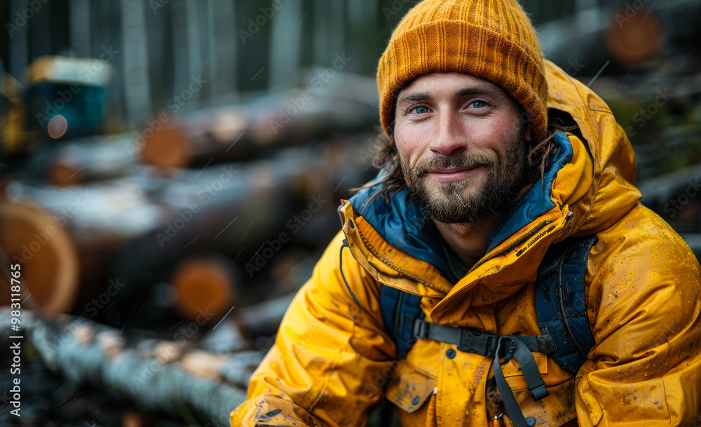 Smiling hiker in yellow jacket outdoors. A man in an orange beanie and yellow rain jacket smiles warmly while sitting among logs in a lush forest during a rainy day.