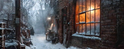 A brick artist studio tucked away in a snowy alley, the warm glow of creativity visible through fogged-up windows, attracting those interested in observing art in the making despite the cold