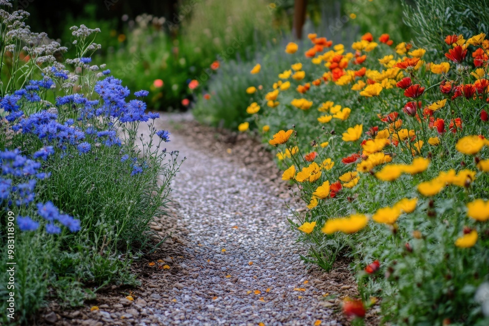 Xeriscape Garden: Vibrant Flowers with Scenic Path in Nature Park Setting Xeriscape Garden: Vibrant Flowers with Scenic Path in Nature Park Setting
