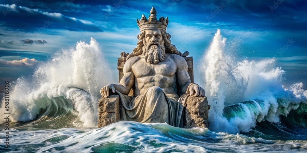 Majestic Stone Statue of Poseidon Amidst Crashing Waves A Dramatic ...