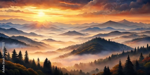 Misty Sunrise Over Majestic Mountain Range Balanced Composition Showcasing Warm Golden Light and Cool Shades of Blue, Emphasizing Tranquility and Ethereal Beauty in Nature