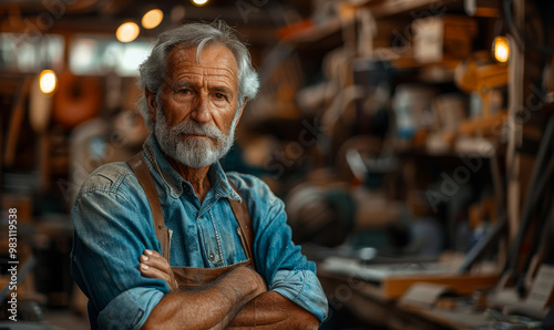 Experienced craftsman working in a rustic workshop. A skilled artisan stands confidently in his workshop, surrounded by tools and materials